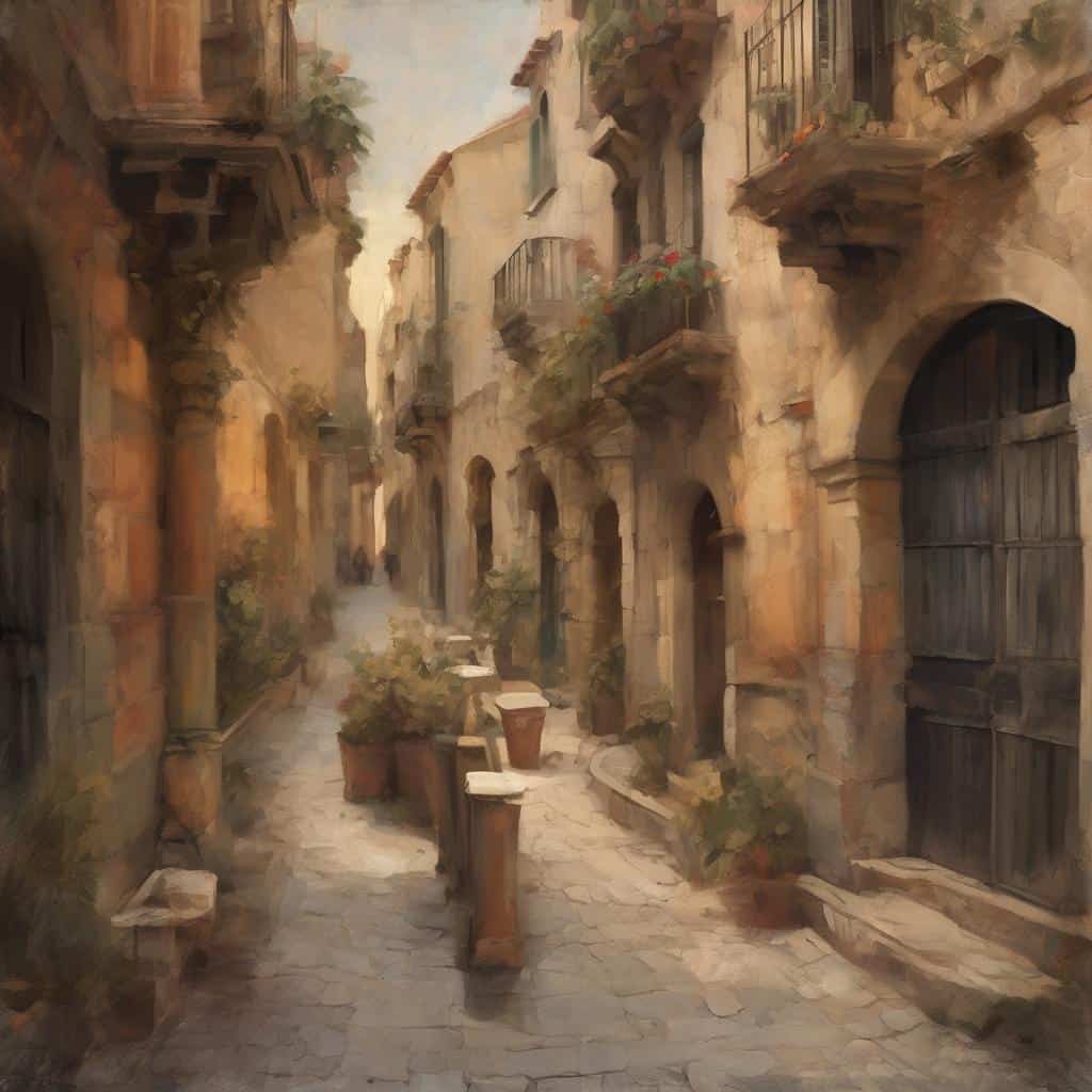 Παλιό σοκάκι με παραδοσιακά κτίρια και λουλούδια σε βεράντες, δημιουργώντας μια γραφική και ρομαντική ατμόσφαιρα.