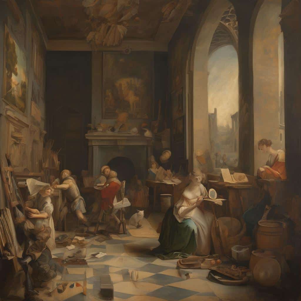 Λιθογραφικό εργαστήριο με καλλιτέχνες και έργα τέχνης, κορυφαία ιστορική εικόνα για τη τέχνη και την αναγέννηση.