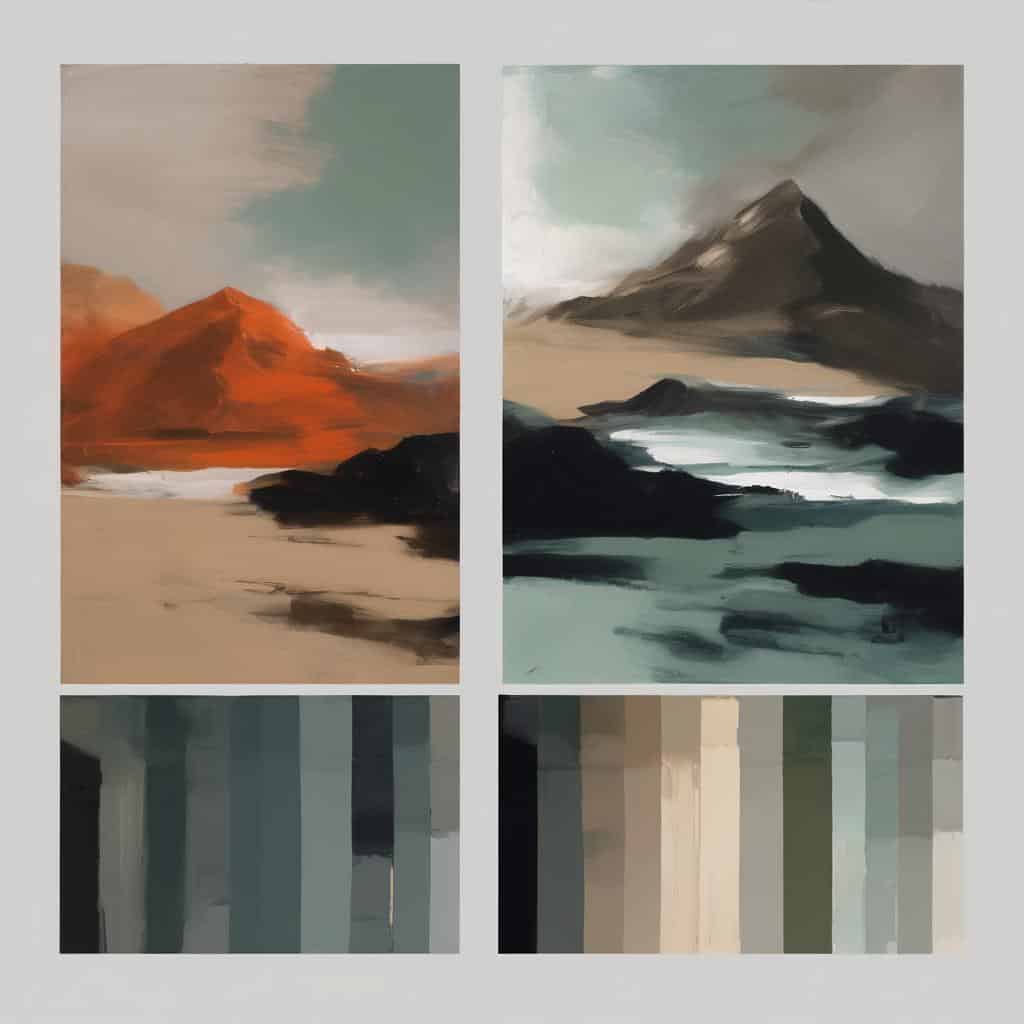 Παραλίες και βουνά σε αφηρημένο ζωγραφικό έργο, με έμφαση στη σύγχρονη τέχνη και την καλλιτεχνική καινοτομία.