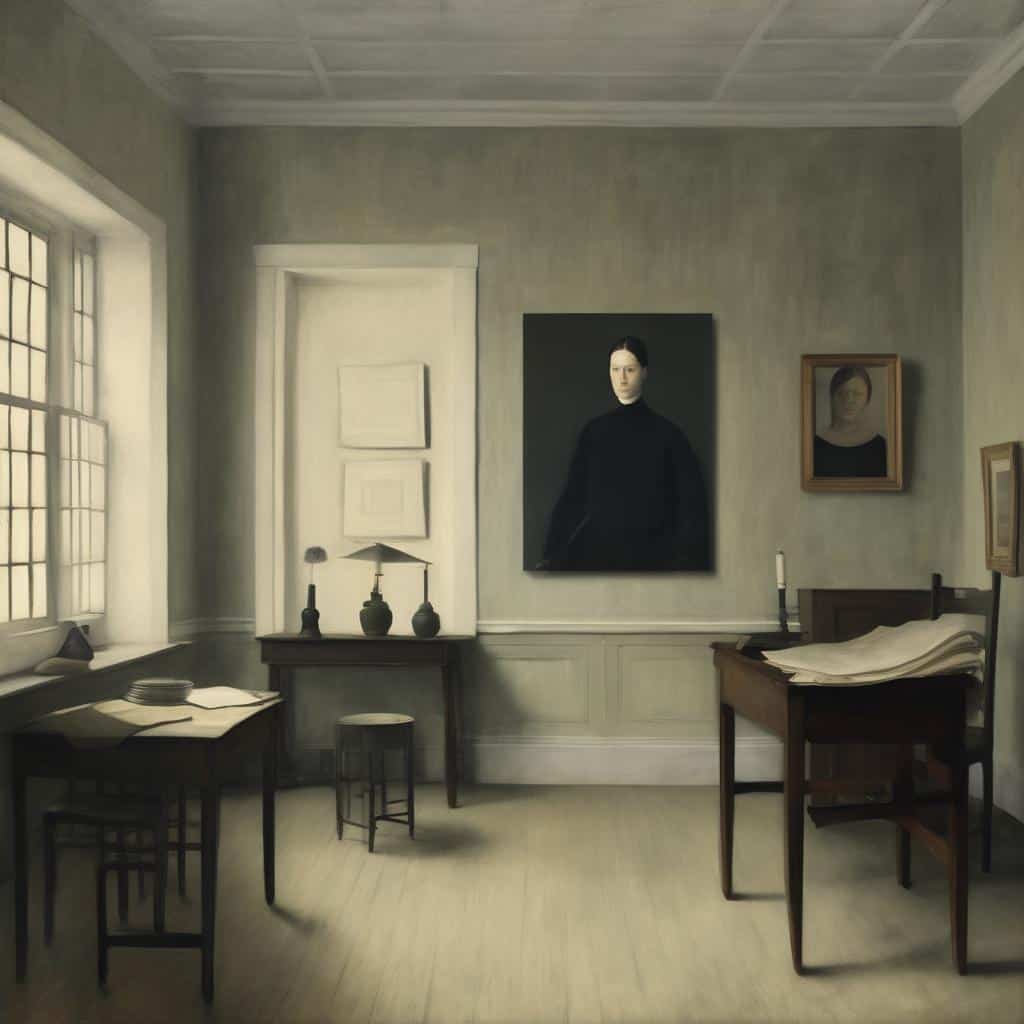 Φωτογραφία μιας ρετρό καλλιτεχνικής γκαλερί με πορτρέτα και έργα τέχνης, εστίαση στη σύγχρονη τέχνη και την ιστορία των καλλιτεχνών.